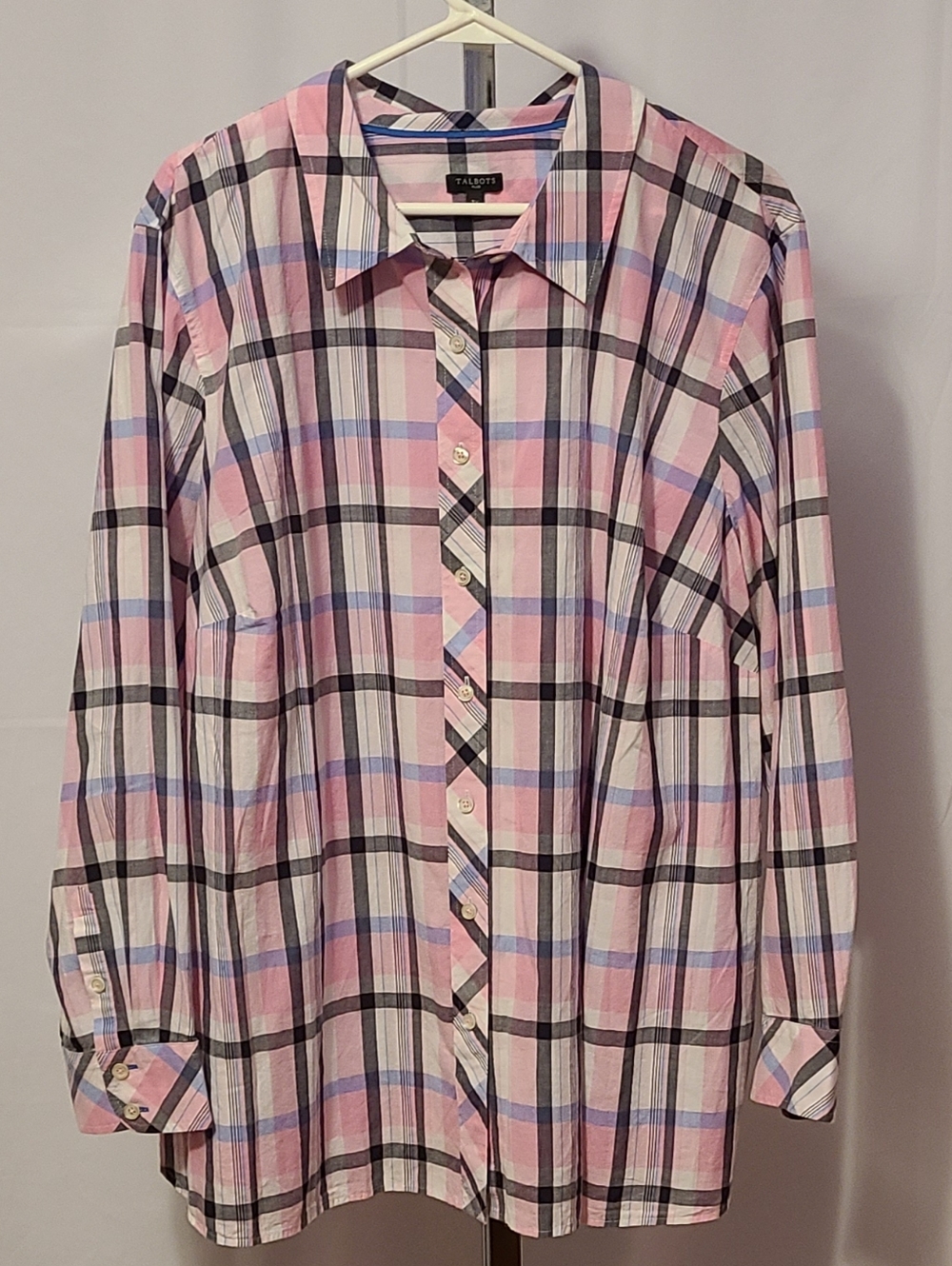 Talbots Plus Plaid Button Front Pink Blue Black And White Shirt